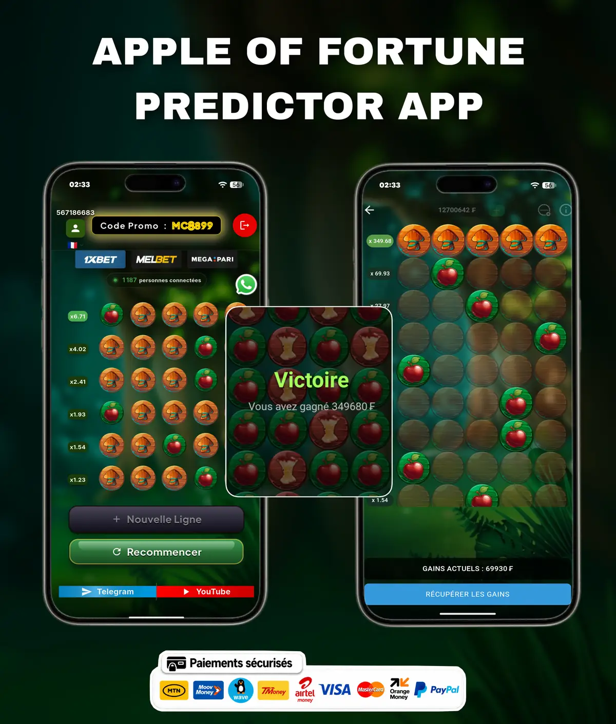Flyer de l'application Apple of Fortune Predictor : l'écran de l'application présenté sur un téléphone, avec le nom du jeu.