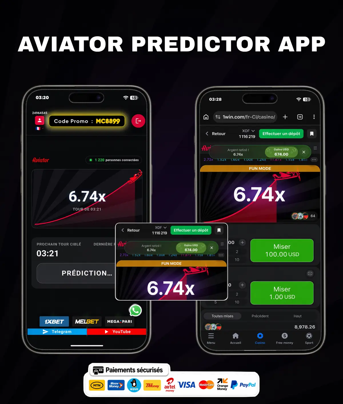 Flyer de l'application Aviator Predictor : l'écran de l'application présenté sur un téléphone, avec le nom du jeu.