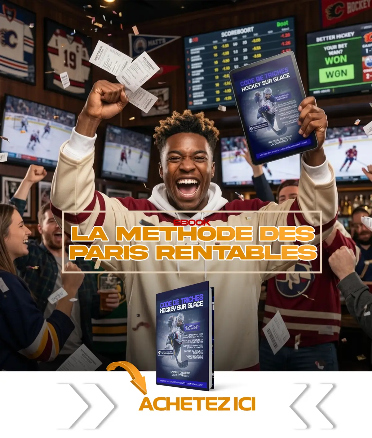 Flyer de l'ebook Cheat Code FAX Hockey : la couverture « Code de triches Hockey sur glace » présentée sur tablette et en volume, dans une ambiance de bar de hockey.