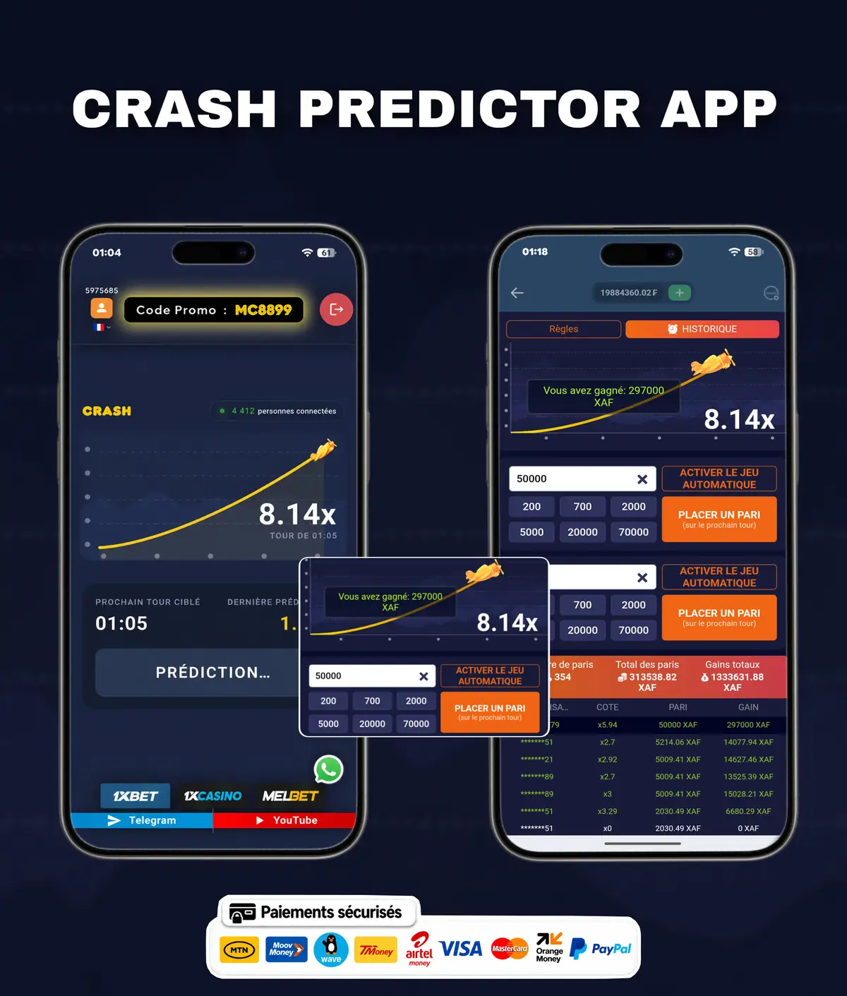 Flyer de l'application Crash Predictor : l'écran de l'application présenté sur un téléphone, avec le nom du jeu.
