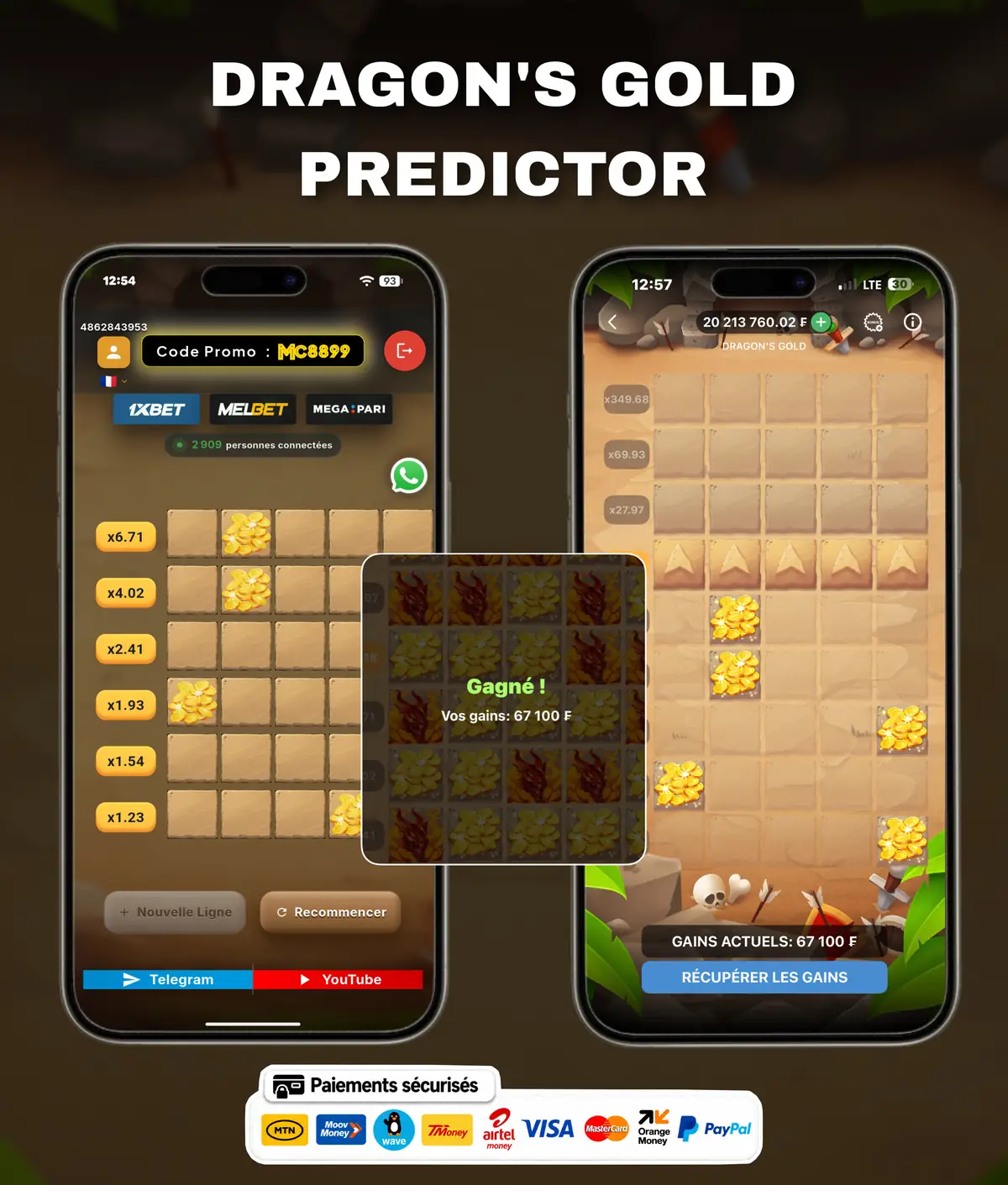 Flyer de l'application Dragons Gold Predictor : l'écran de l'application présenté sur un téléphone, avec le nom du jeu.