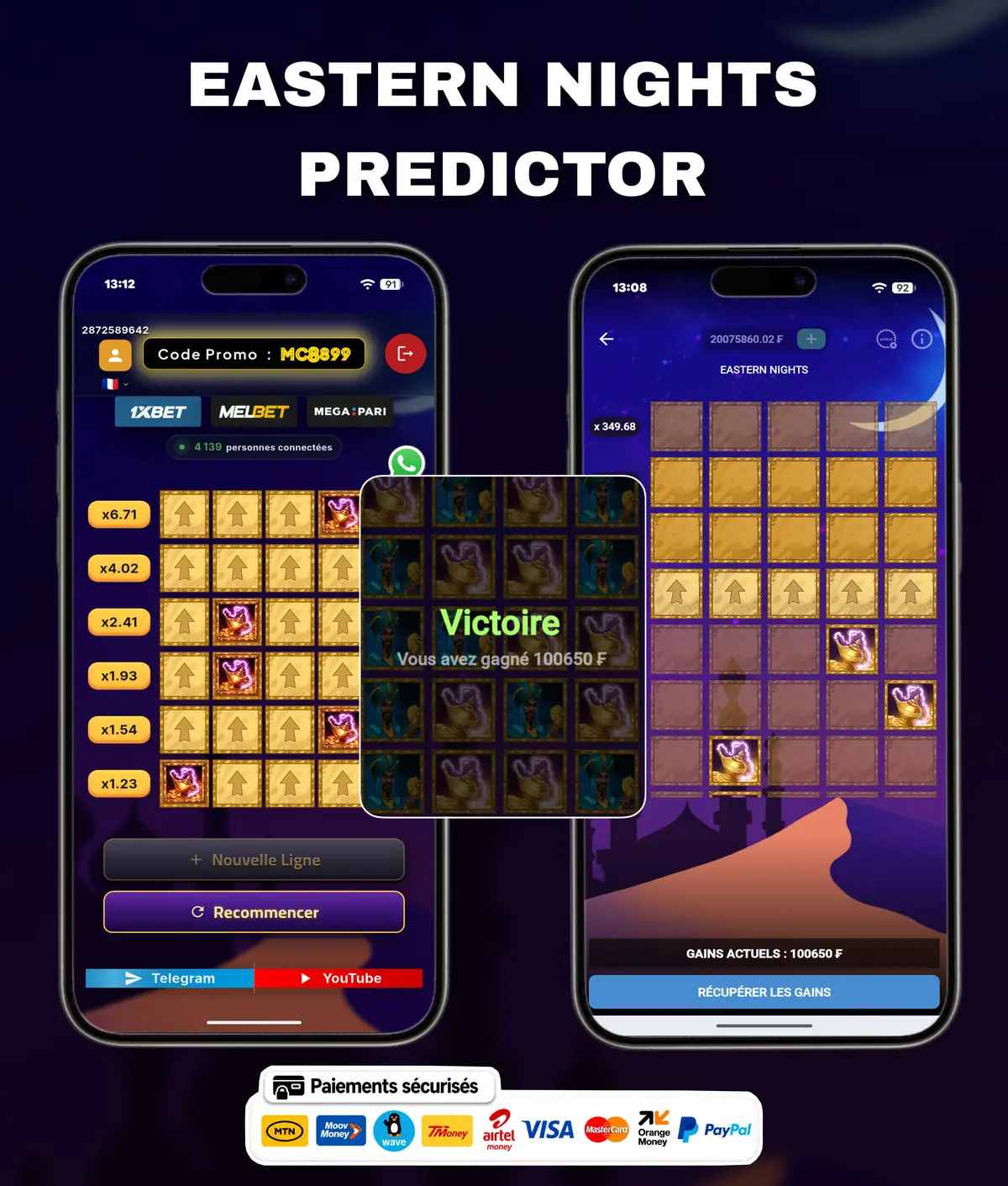 Flyer de l'application Eastern Nights Predictor : l'écran de l'application présenté sur un téléphone, avec le nom du jeu.