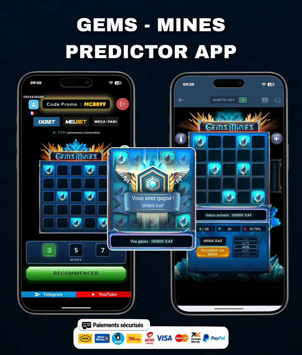 Flyer de l'application Gems and Mines Predictor : l'écran de l'application présenté sur un téléphone, avec le nom du jeu.