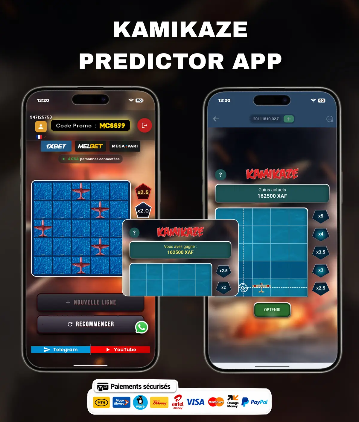 Flyer de l'application Kamikaze Predictor : l'écran de l'application présenté sur un téléphone, avec le nom du jeu.