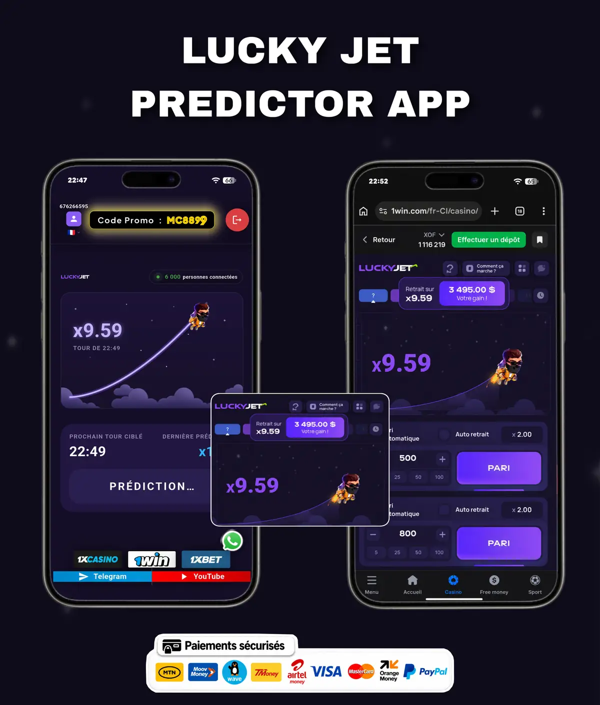 Flyer de l'application Lucky Jet Predictor : l'écran de l'application présenté sur un téléphone, avec le nom du jeu.