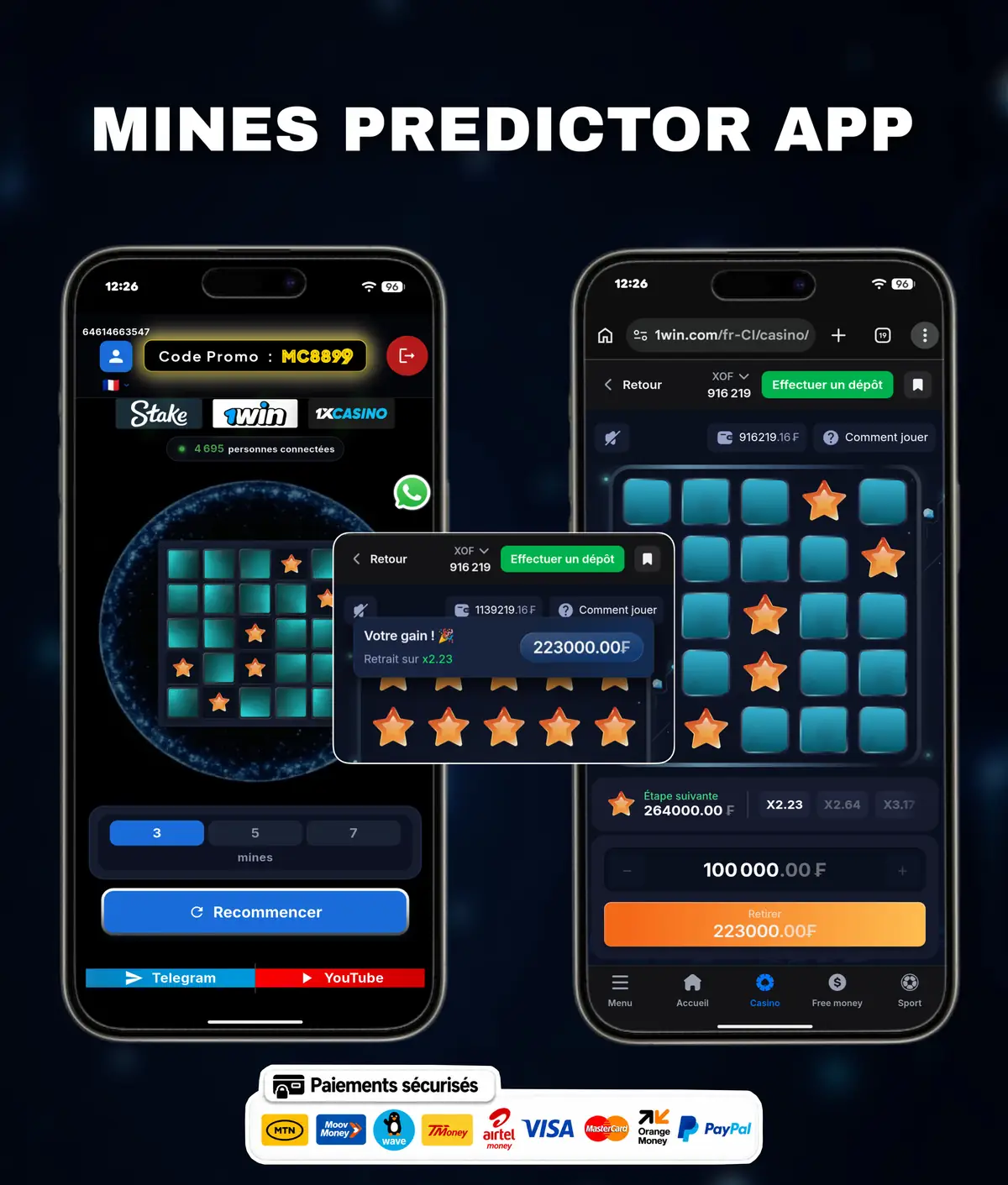 Flyer de l'application Mines Predictor : l'écran de l'application présenté sur un téléphone, avec le nom du jeu.