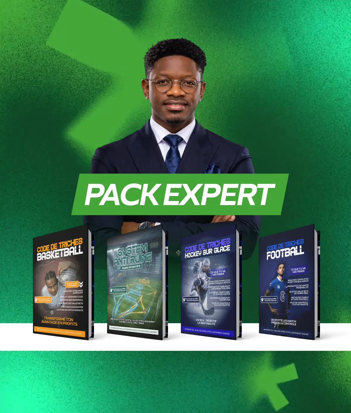 Flyer du Pack Expert : les couvertures des cinq guides du pack présentées sur fond vert.