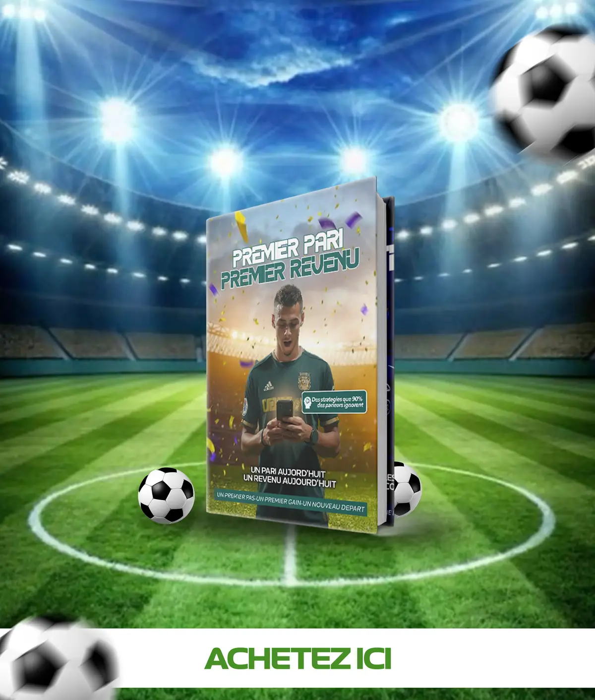 Flyer de l'ebook Premier Pari Premier Revenu : la couverture du guide présentée sur un fond de terrain, avec les étapes que le livre détaille.