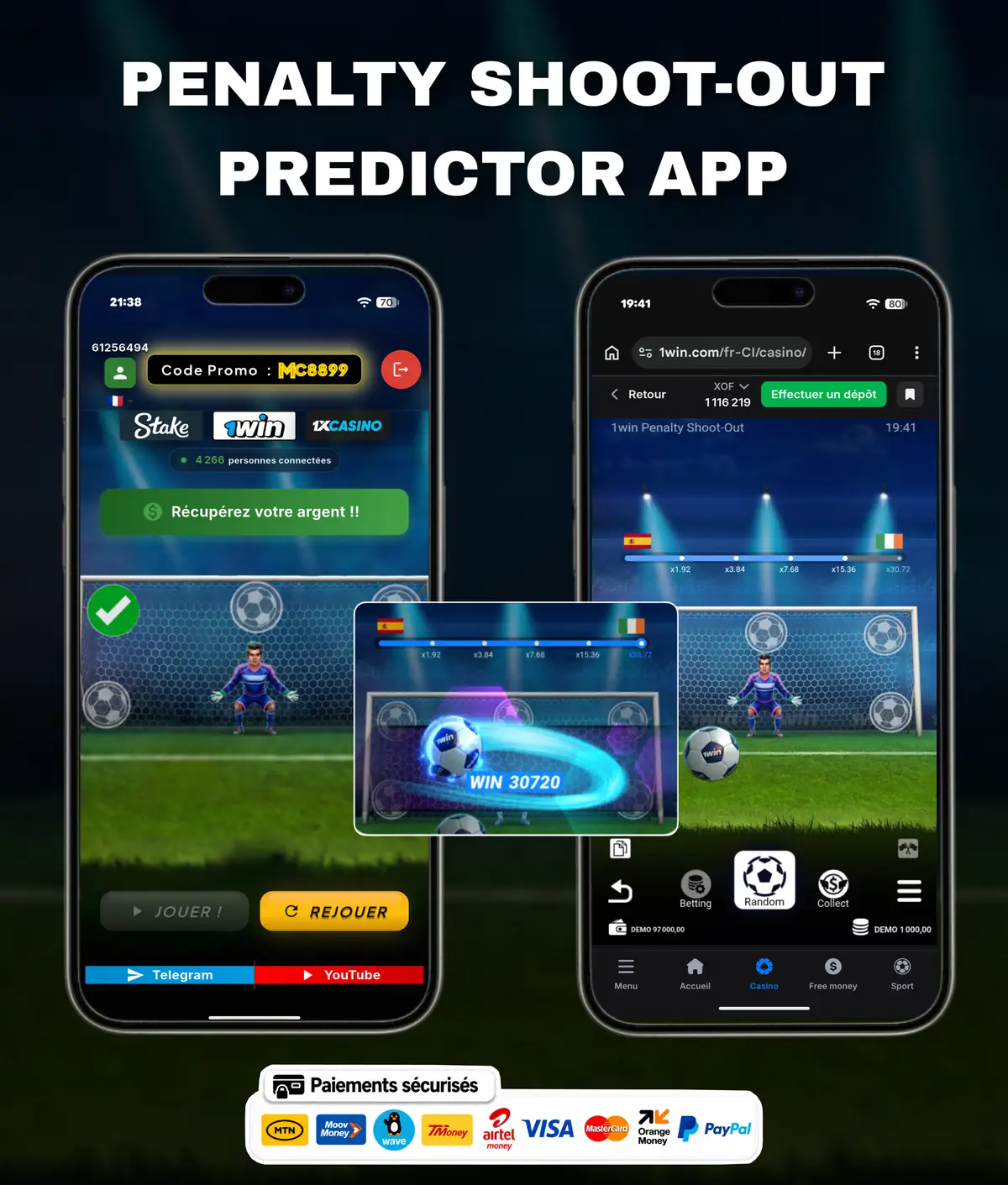 Flyer de l'application Penalty Shoot-Out Predictor : l'écran de l'application présenté sur un téléphone, avec le nom du jeu.
