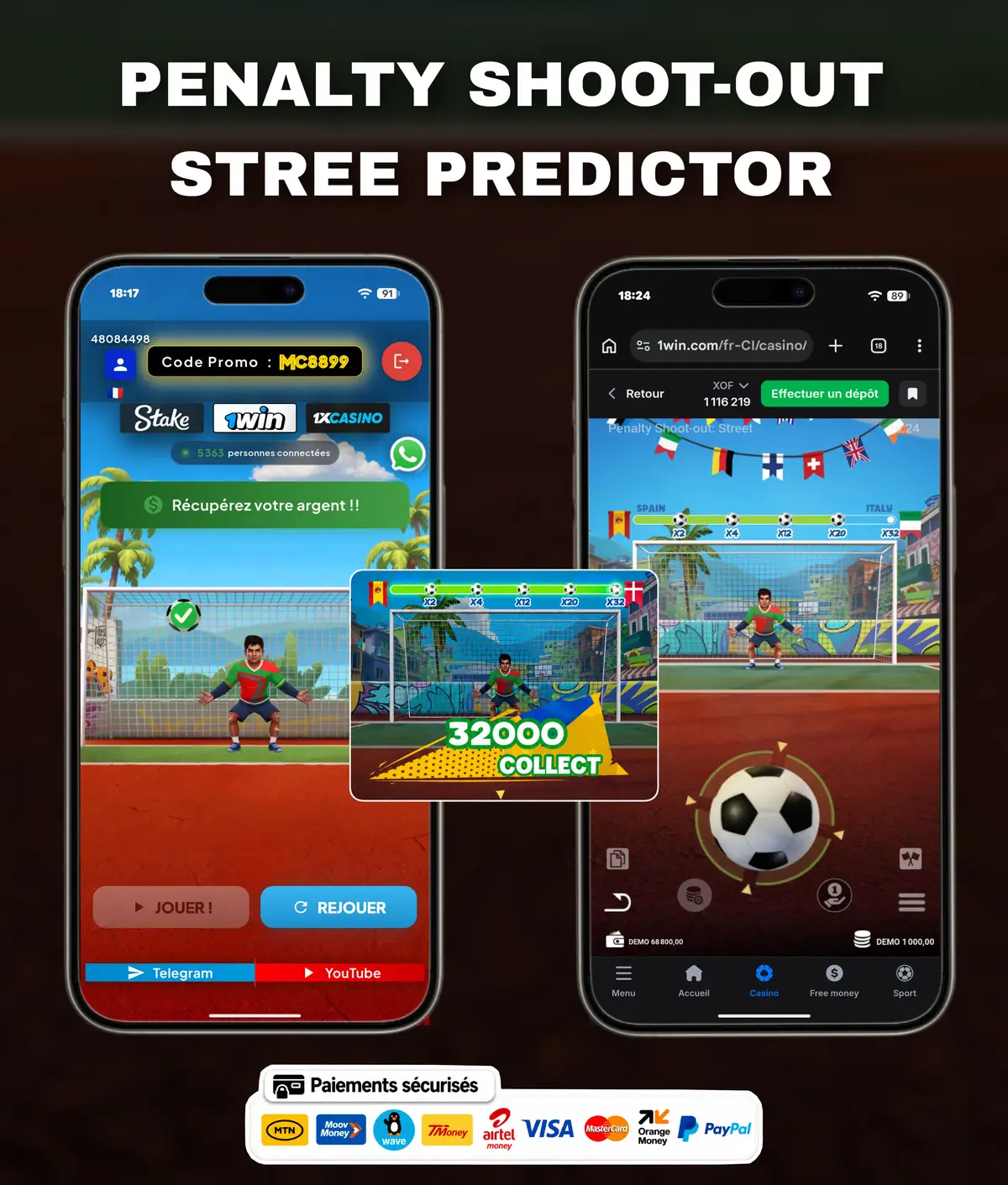 Flyer de l'application Penalty Shoot-Out Street Predictor : l'écran de l'application présenté sur un téléphone, avec le nom du jeu.