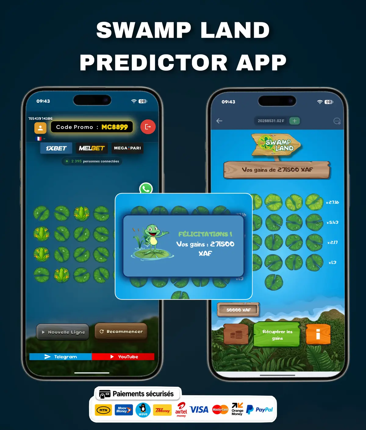 Flyer de l'application Swamp Land Predictor : l'écran de l'application présenté sur un téléphone, avec le nom du jeu.
