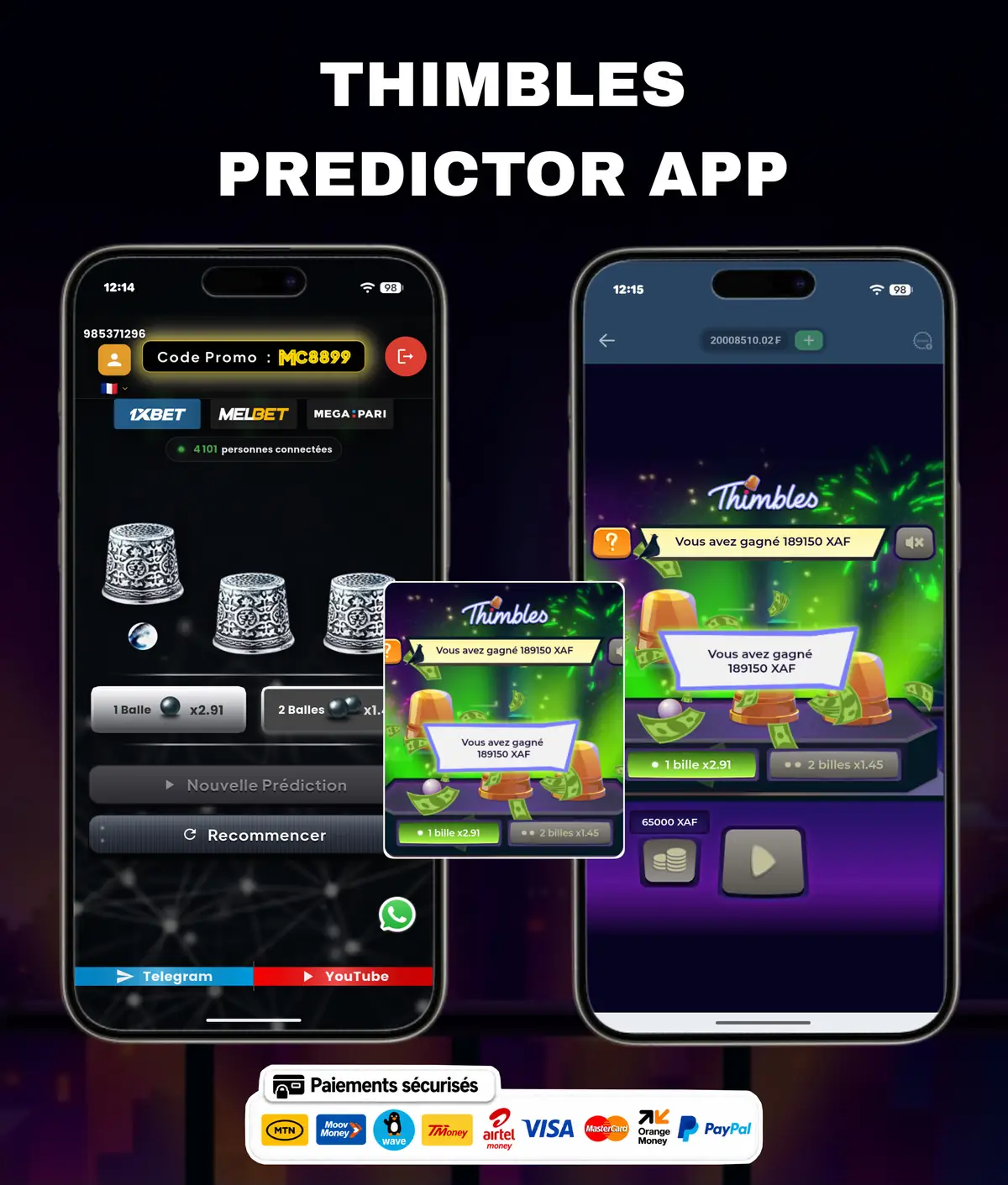 Flyer de l'application Thimbles Predictor : l'écran de l'application présenté sur un téléphone, avec le nom du jeu.