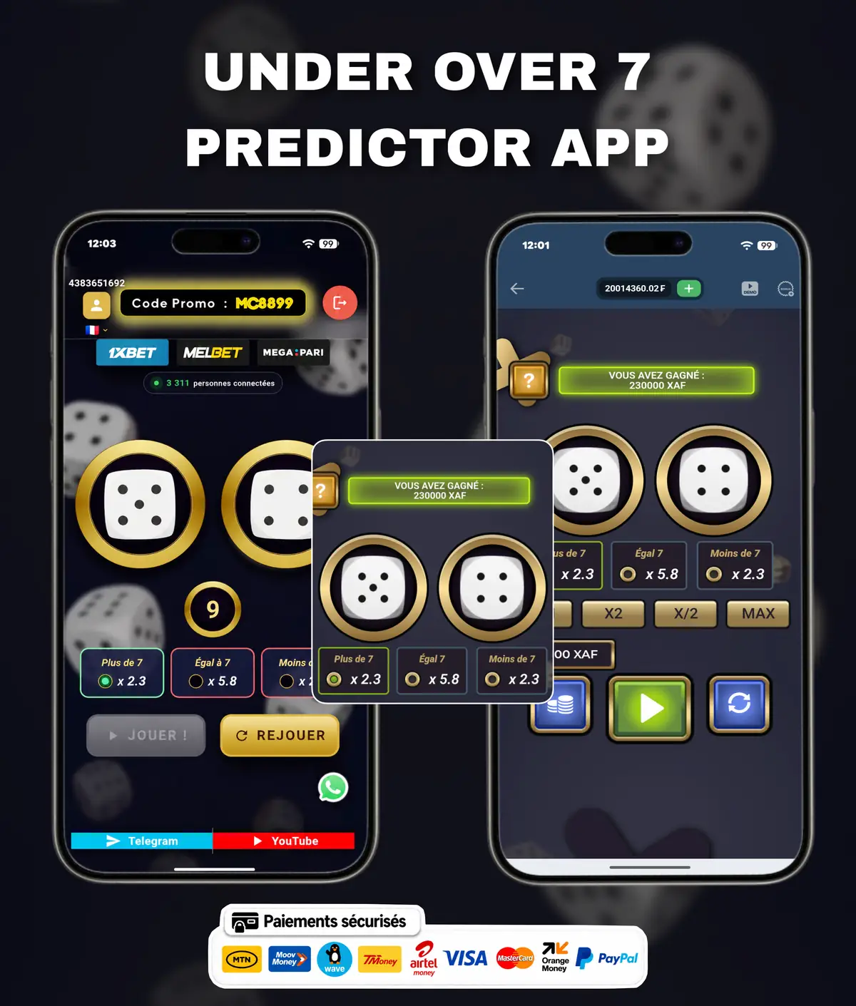 Flyer de l'application Under and Over 7 Predictor : l'écran de l'application présenté sur un téléphone, avec le nom du jeu.