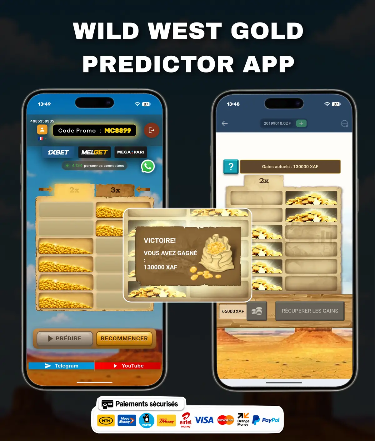 Flyer de l'application Wild West Gold Predictor : l'écran de l'application présenté sur un téléphone, avec le nom du jeu.